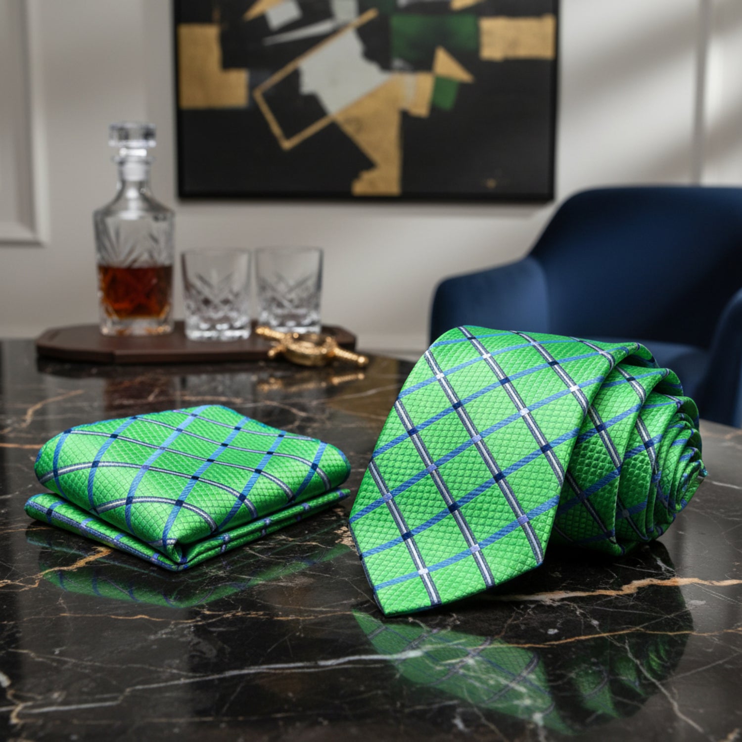 Alt View: Green Geometric Tie and Pocket Square