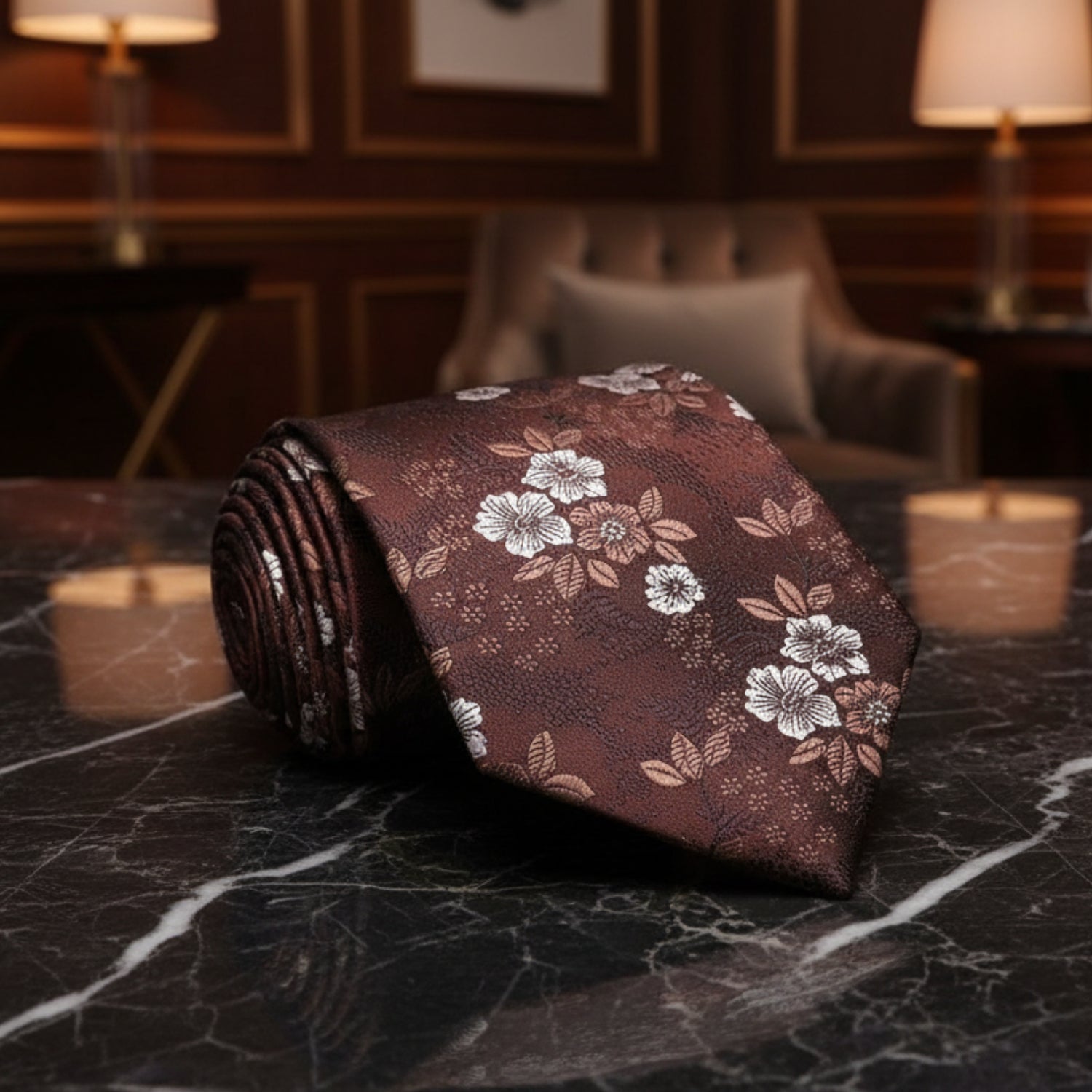 A Dark Brown, Brown, White Floral Pattern Necktie  