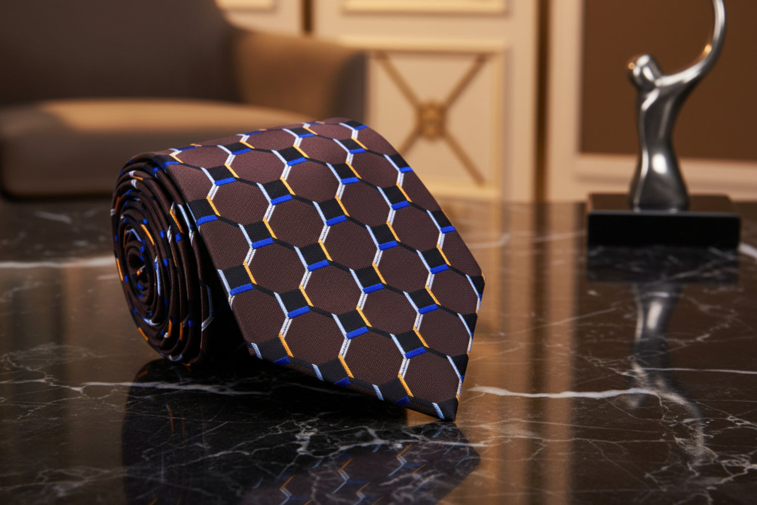 Brown, Black, Blue Gold Geometric Tie