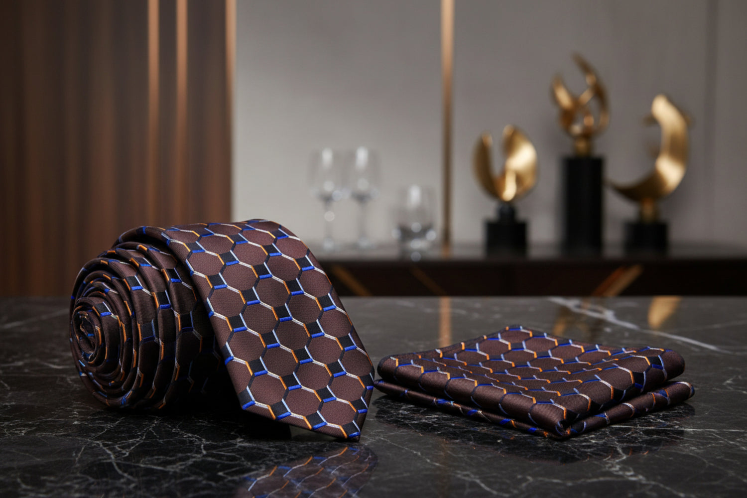 View 2: Brown, Black, Blue Gold Geometric Tie and Pocket Square
