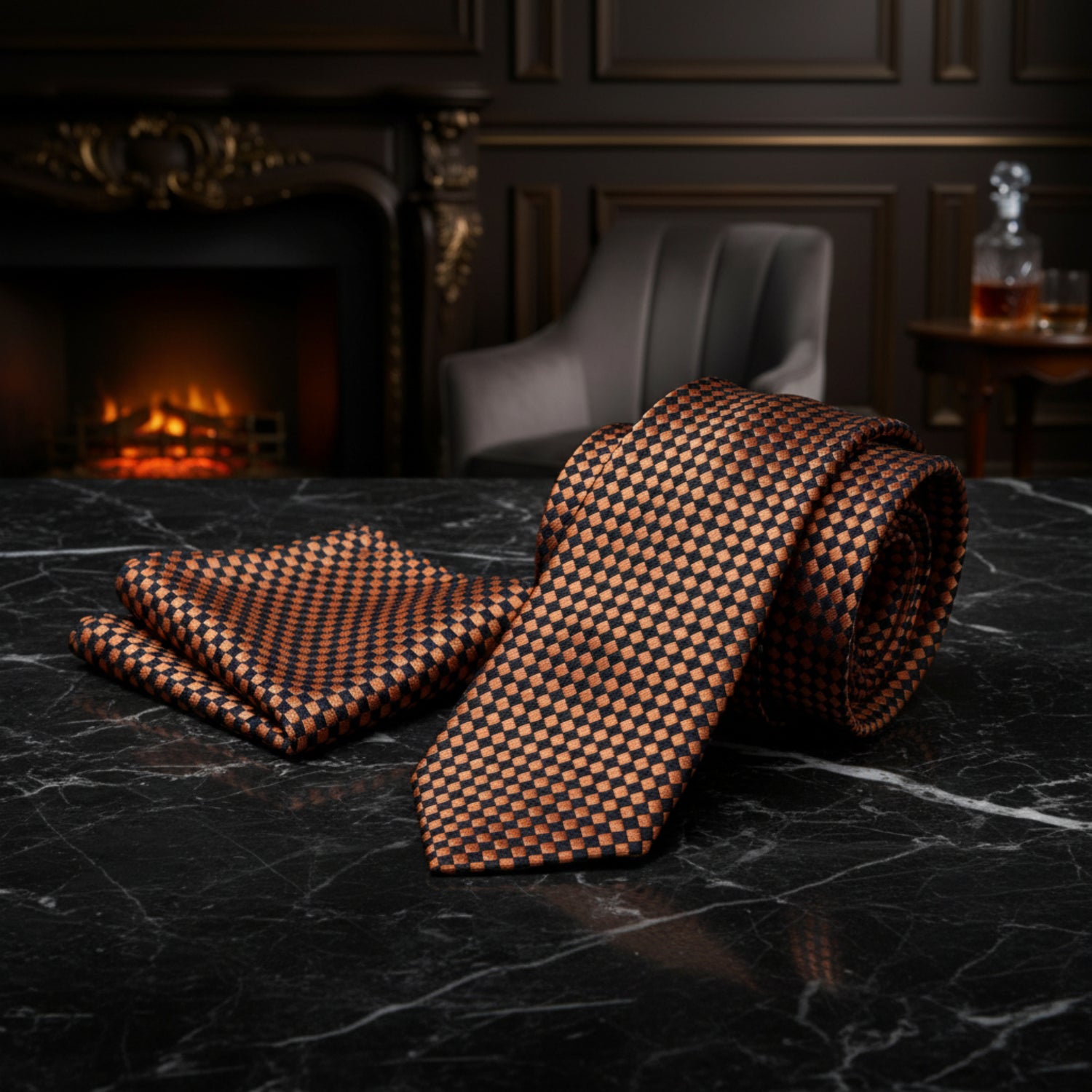 Alt View: A Brown, Black Check Pattern Necktie, Matching Pocket Square