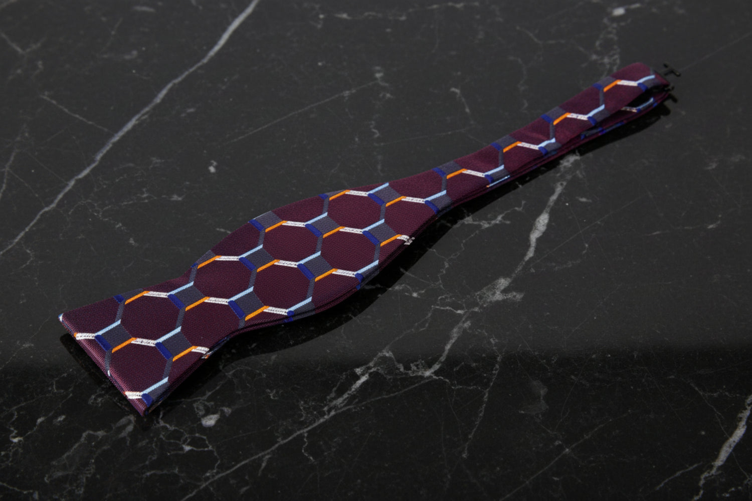 Untied View: A Brown, Blue, Gold Geometric Diamond Pattern Self Tie Bow Tie