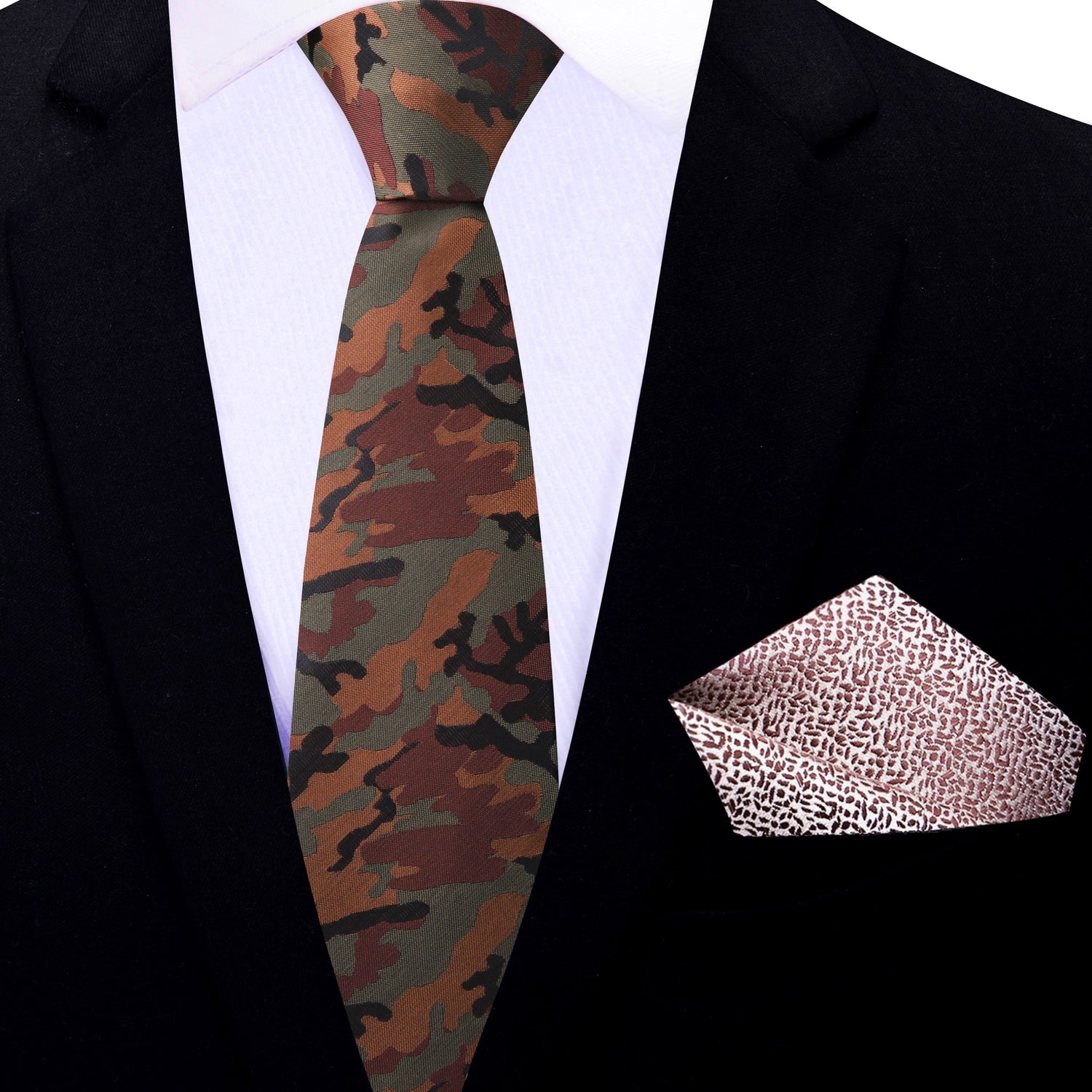 Thin Tie: Brown, Olive and Black Camouflage Tie with Brown Abstract Square