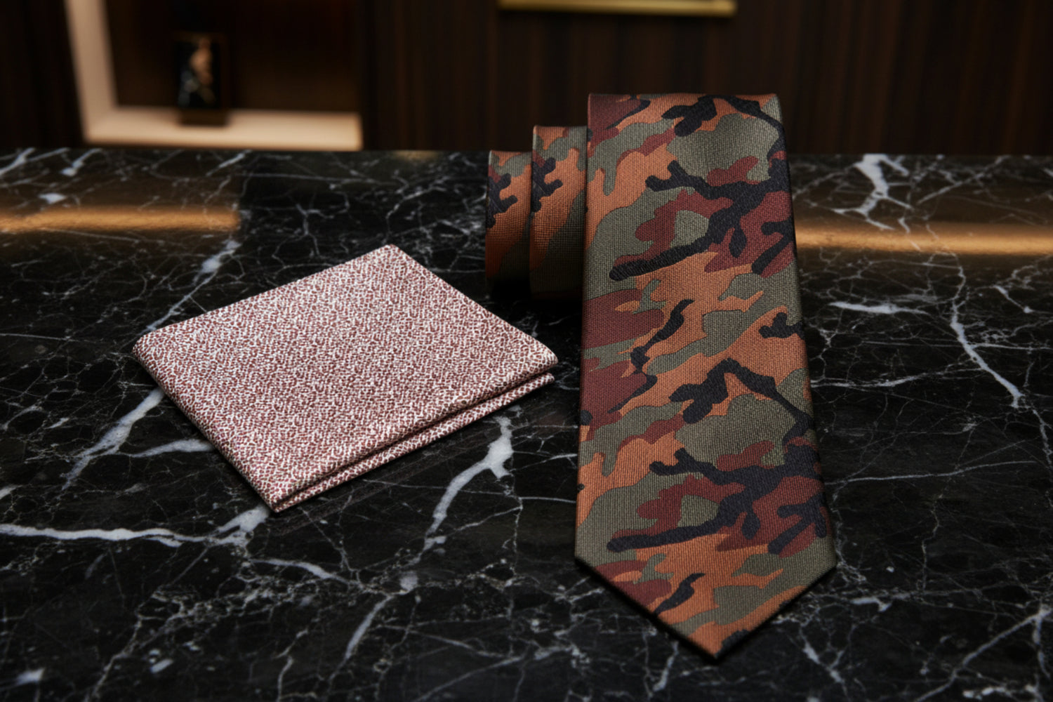 Alt View: Brown, Olive and Black Camouflage Tie with Brown Abstract Square