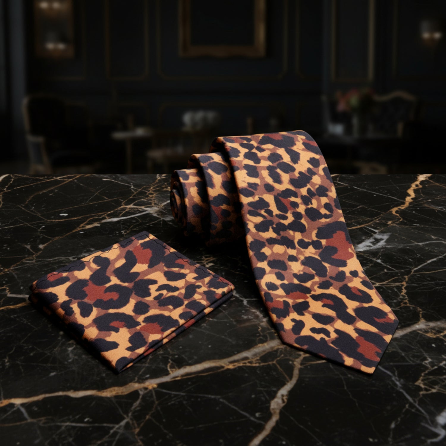 Alt View: Orange, Black Cheetah Print Tie and Square