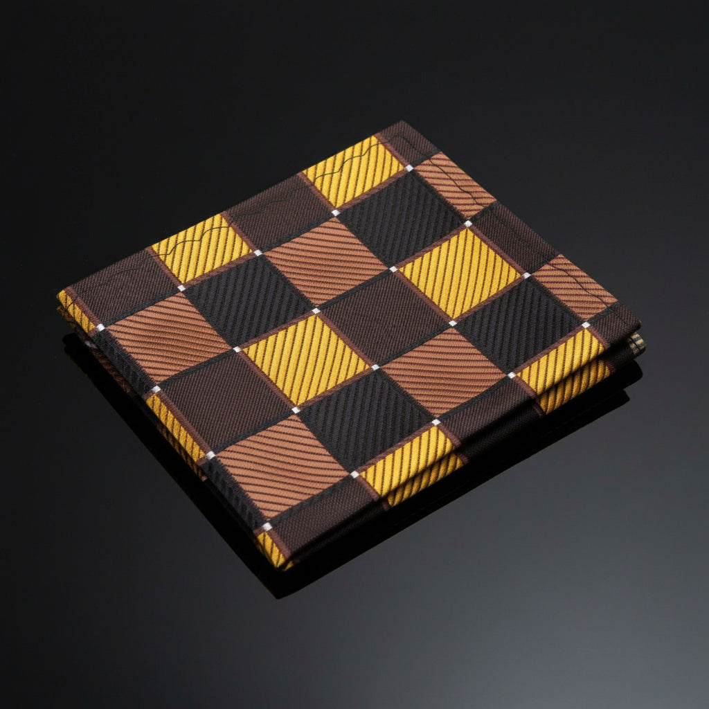 A Gold, Brown, Black Geometric Squares Pattern Pocket Square