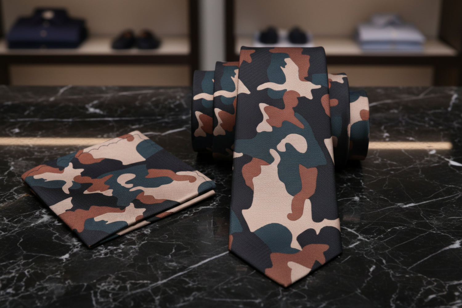 Alt View: A Brown, Olive Green, Black Color Camouflage Fleck Pattern Necktie, Matching Pocket Square