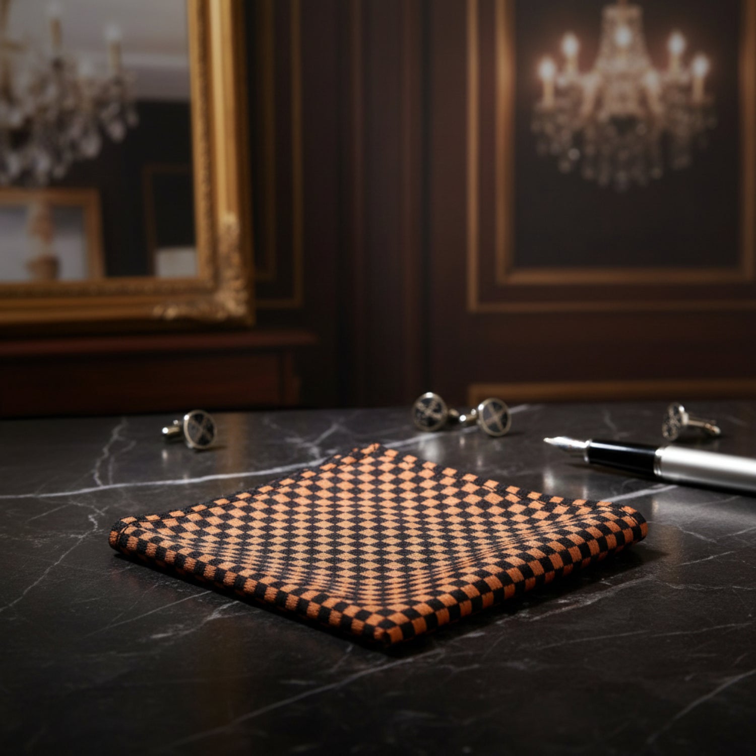 A Black, Brown Small Geometric Diamonds Pattern Pocket Square