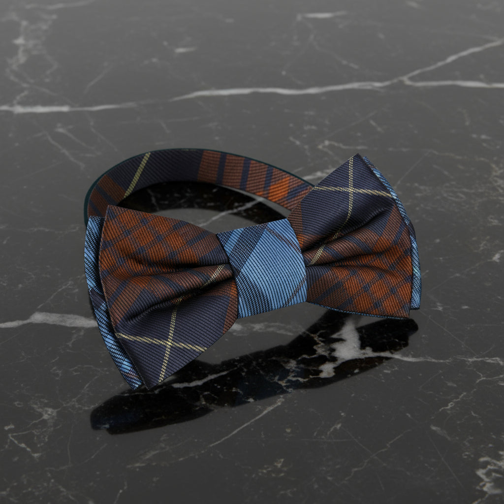 Pre Tied: Brown, Blue Plaid Bow Tie with Brown Geometric Square