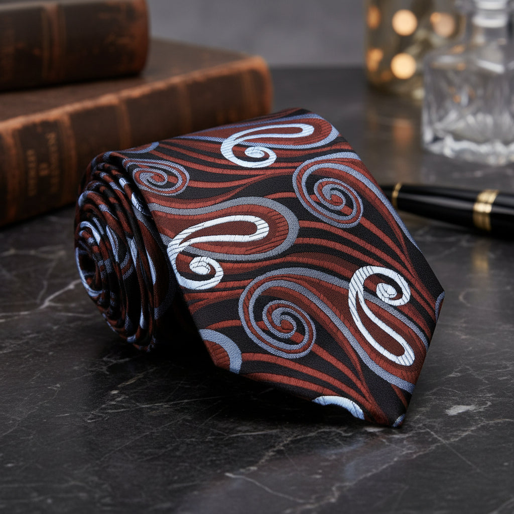 A Brown, Dark Brown And Light Blue Paisley Pattern Necktie 