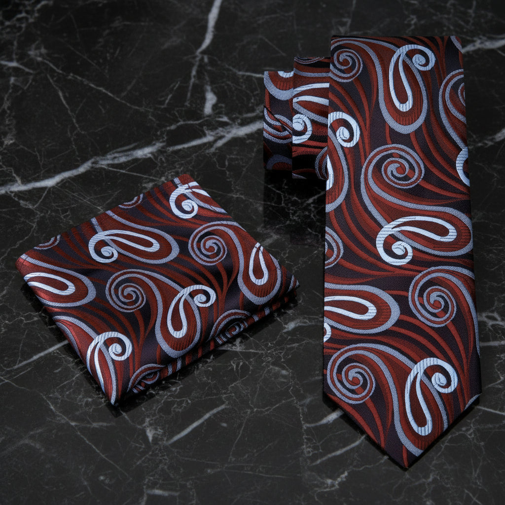 Alt View: A Brown, Dark Brown And Light Blue Paisley Pattern Necktie, Matching Pocket Square