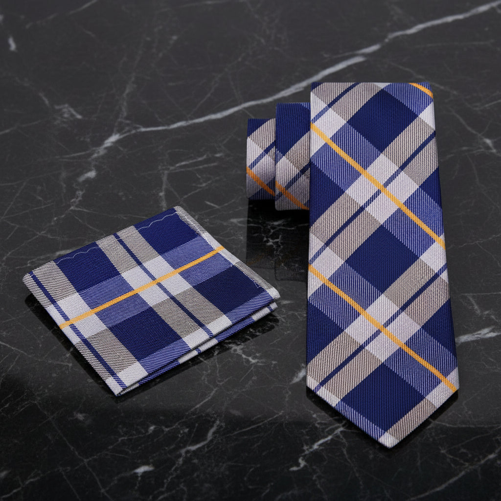 Alt View: A Dark Blue, Cream Plaid Pattern Necktie, With Matching Pocket Square