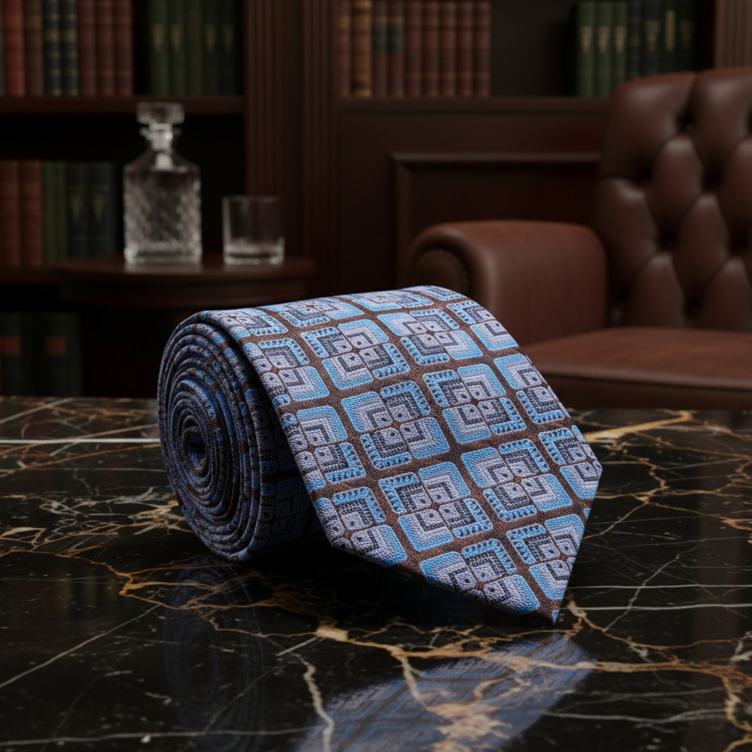 Brown and Blue Geometric Abstract Blocks Tie