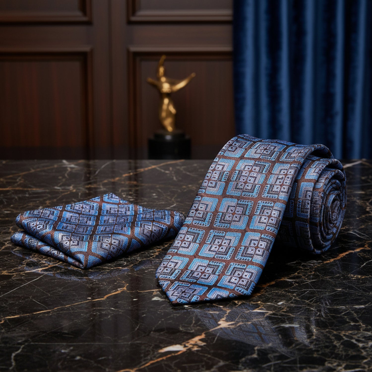 Alt View: Brown and Blue Geometric Abstract Blocks Tie and Pocket Square