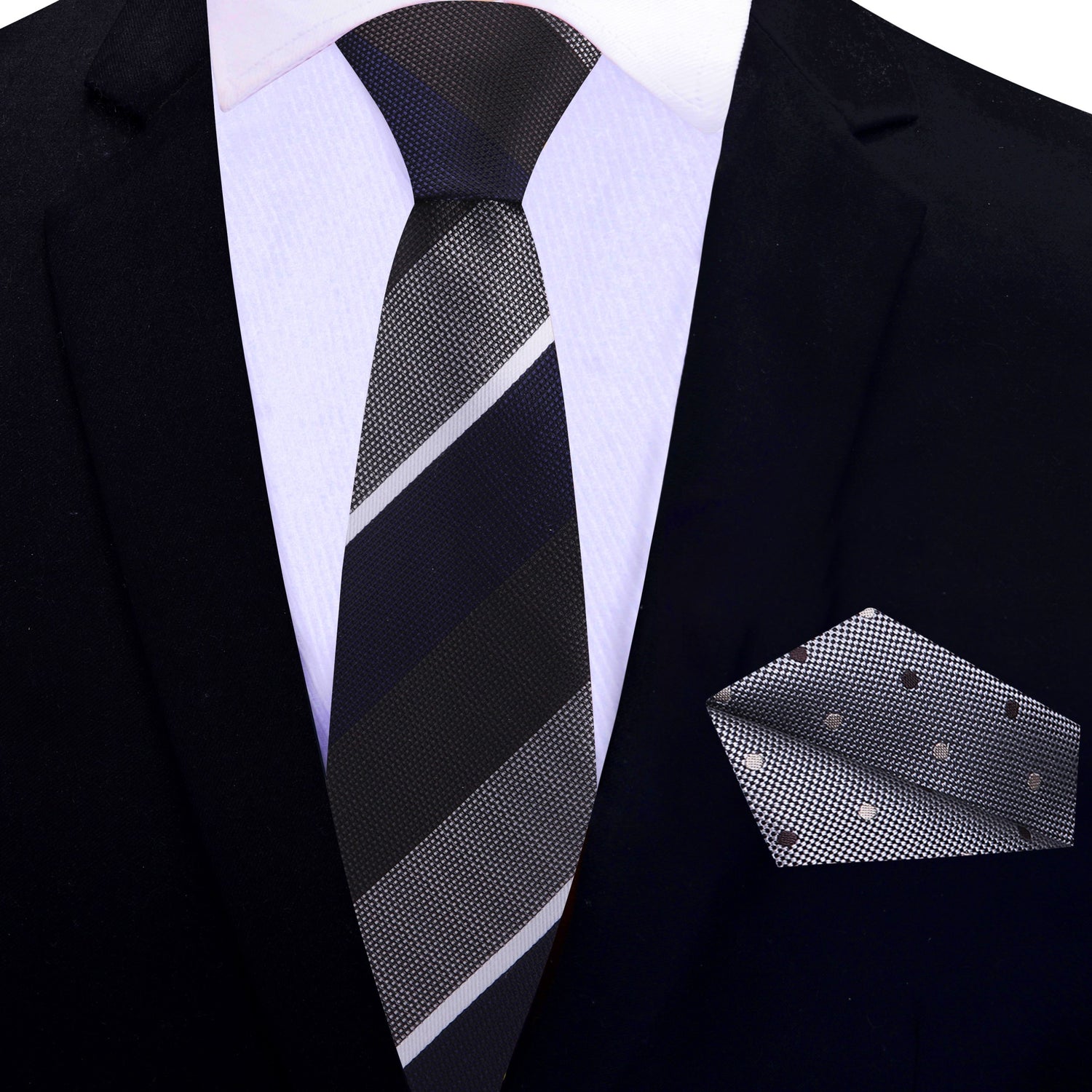 Thin Tie: Grey, Olive Brown, Grey and White Stripe Tie with Grey Polka Square