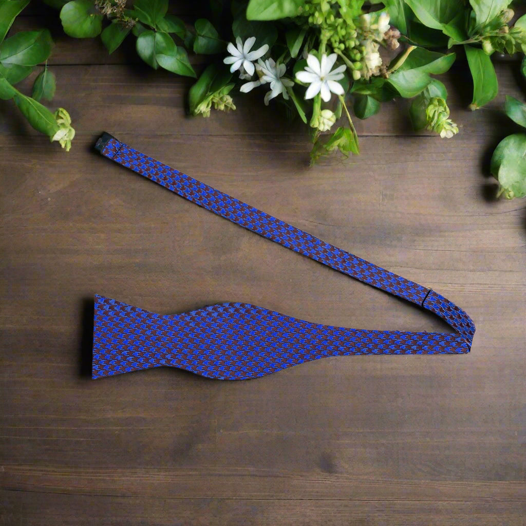 Brown Blue Hounds Tooth Self Tie Bow Tie