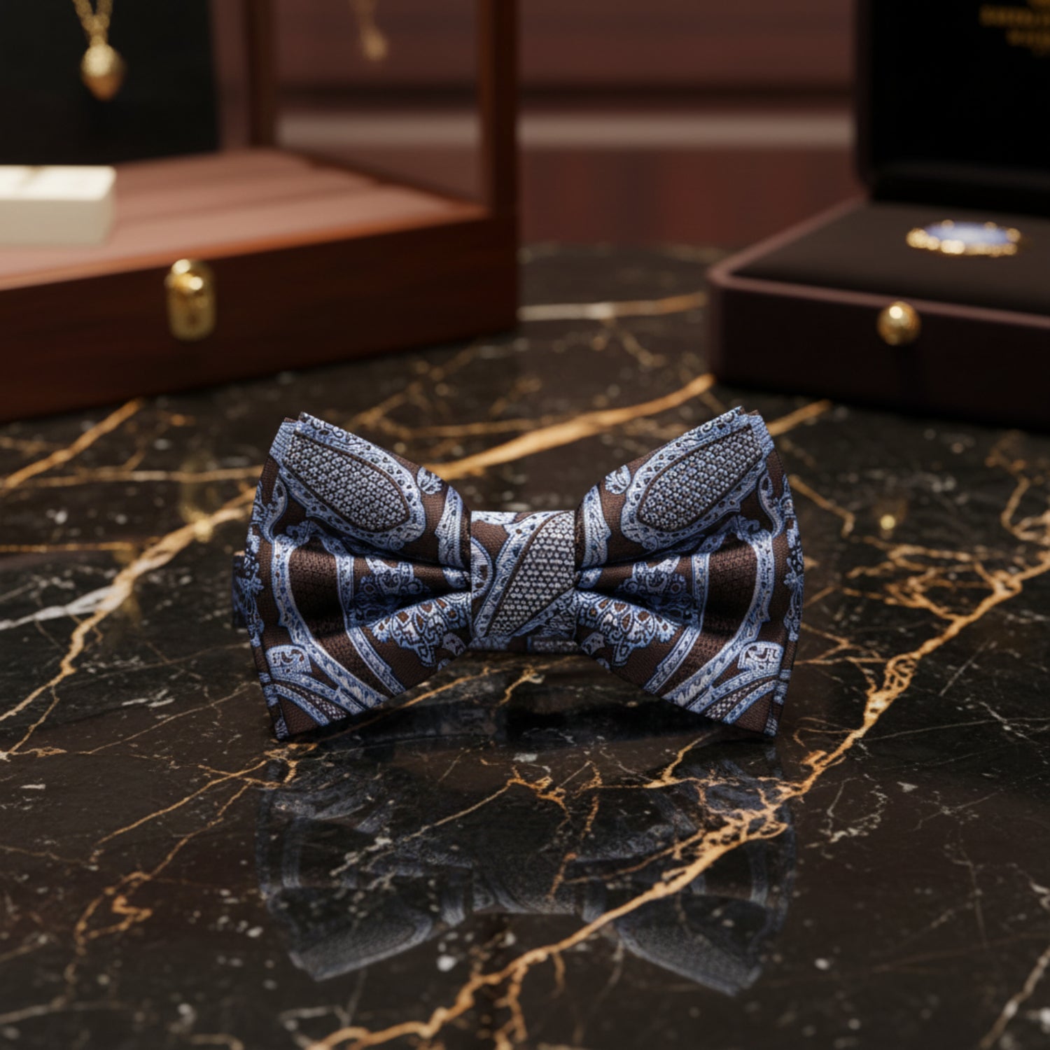 A Brown, White, Ice Blue Detailed Paisley Pattern Pre Tied Bow Tie 