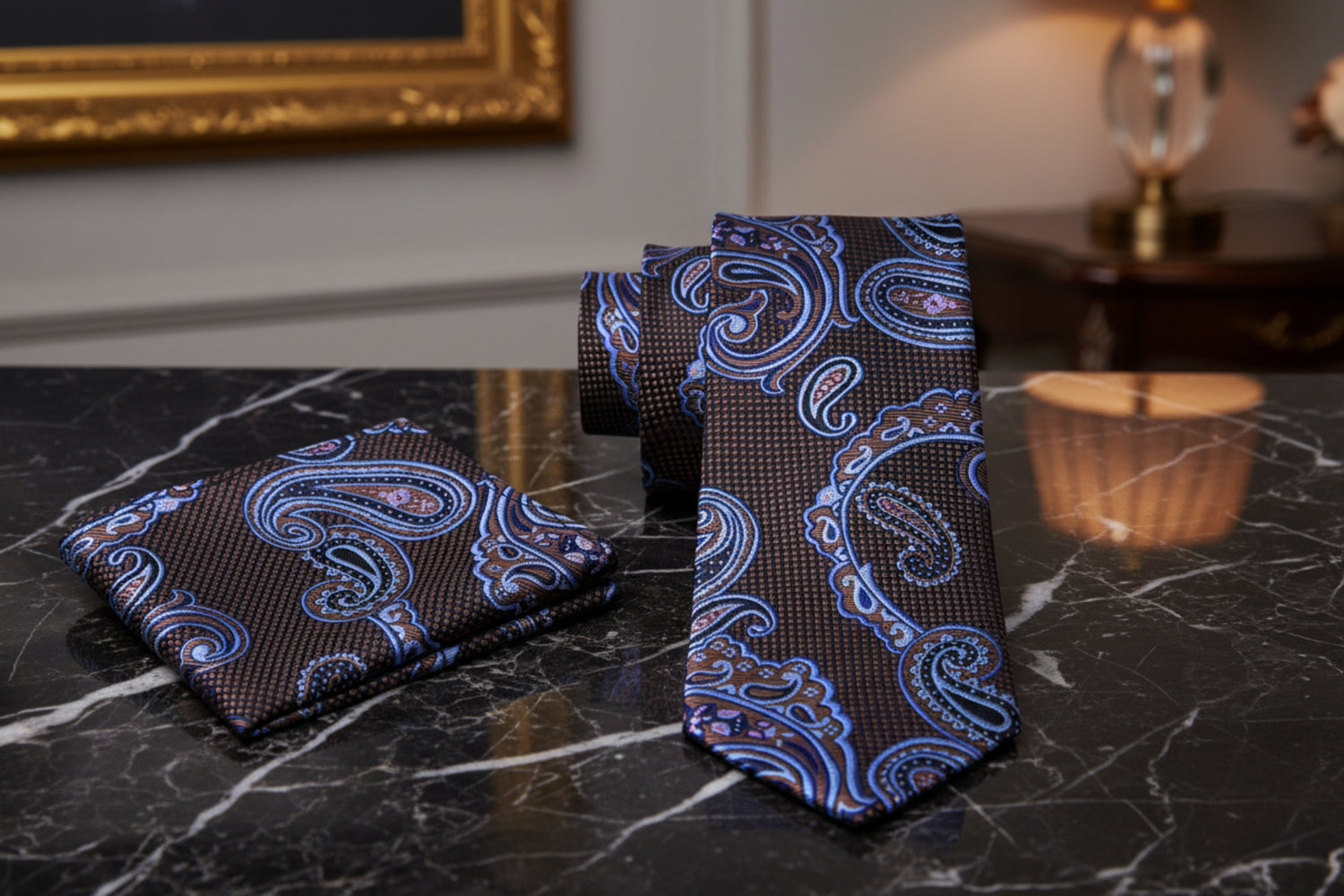 View 2: A Brown, Light Blue, Pink Paisley Pattern Necktie, Matching Pocket Square