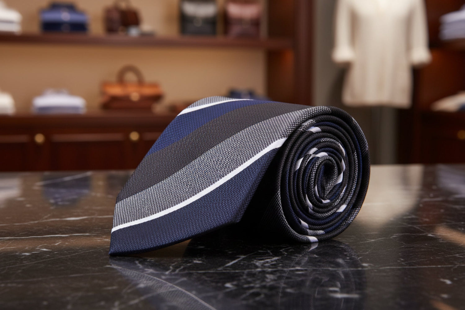 Grey, Olive Brown, Grey and White Stripe Tie  