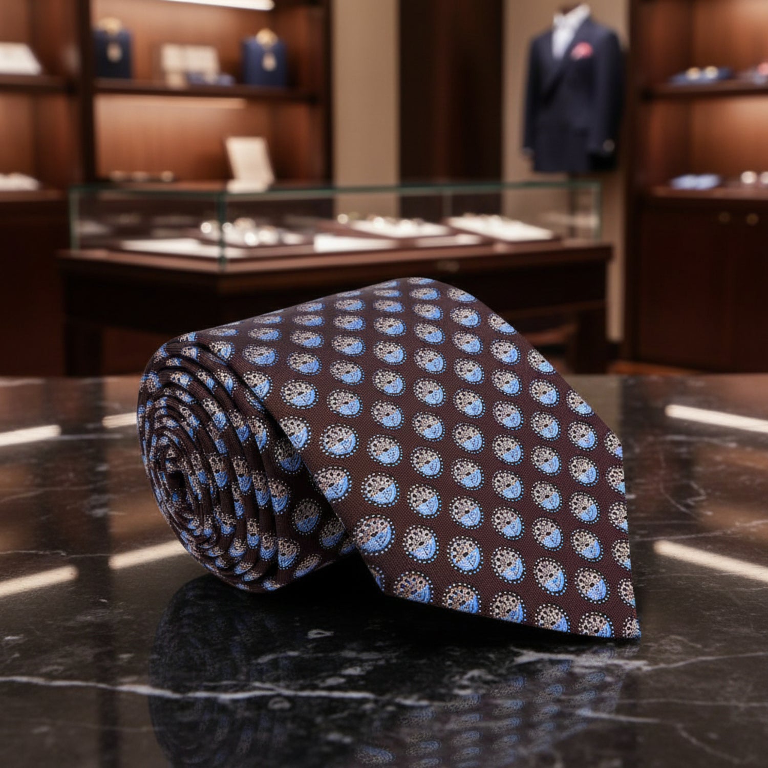 A Brown, Light Blue Geometric Circles Pattern Necktie 