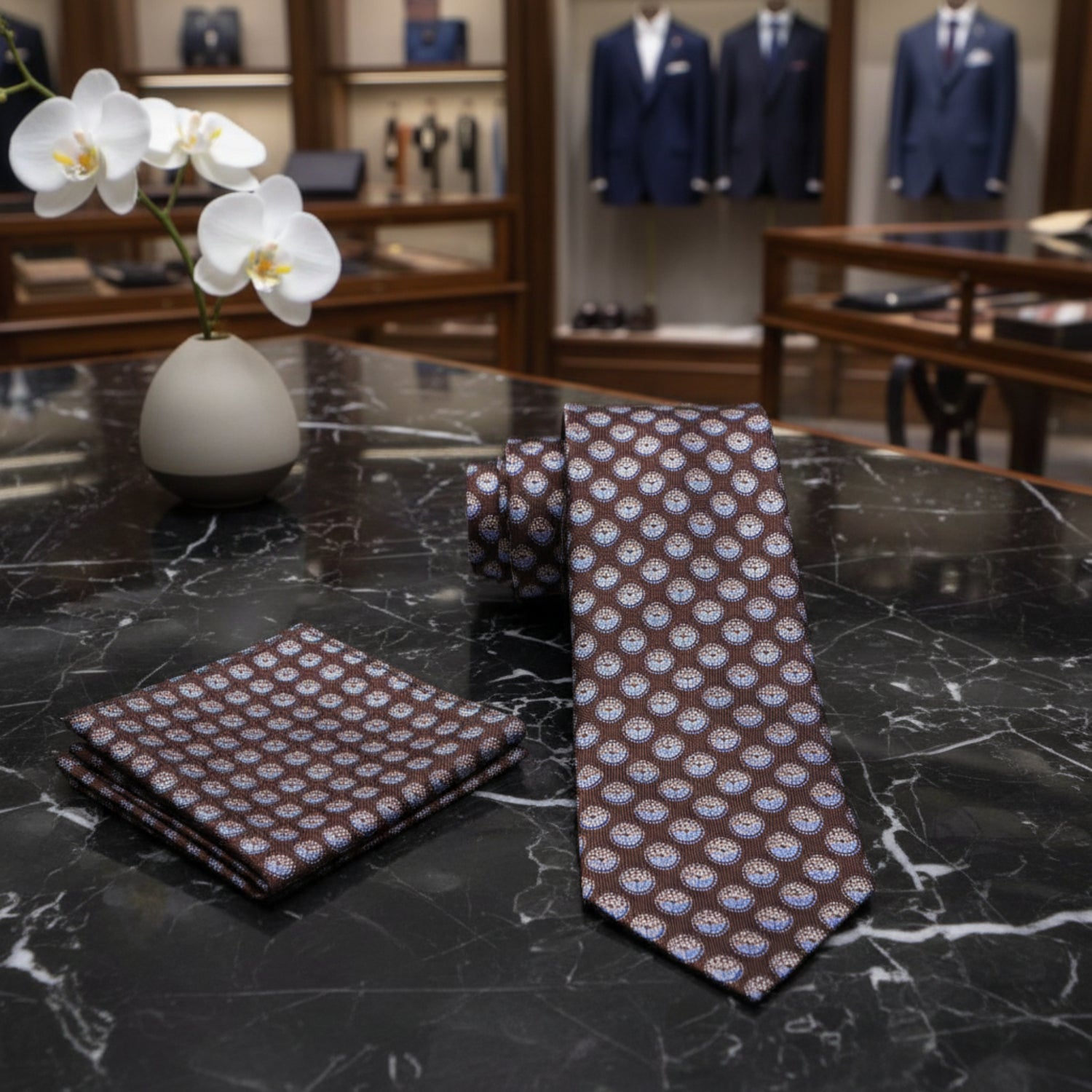 Alt View: A Brown, Light Blue Geometric Circles Pattern Necktie, Matching Pocket Square