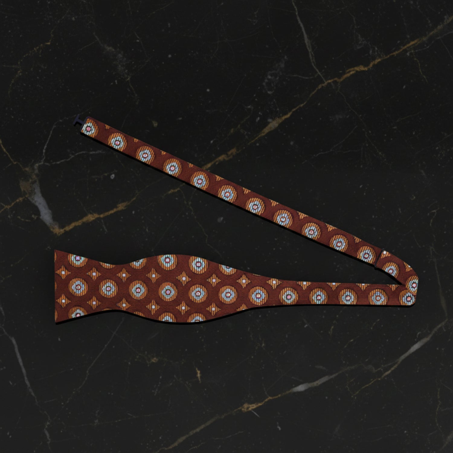 A Brown, Pink Geometric Circles and Diamonds Pattern Self Tie Bow Tie Untied