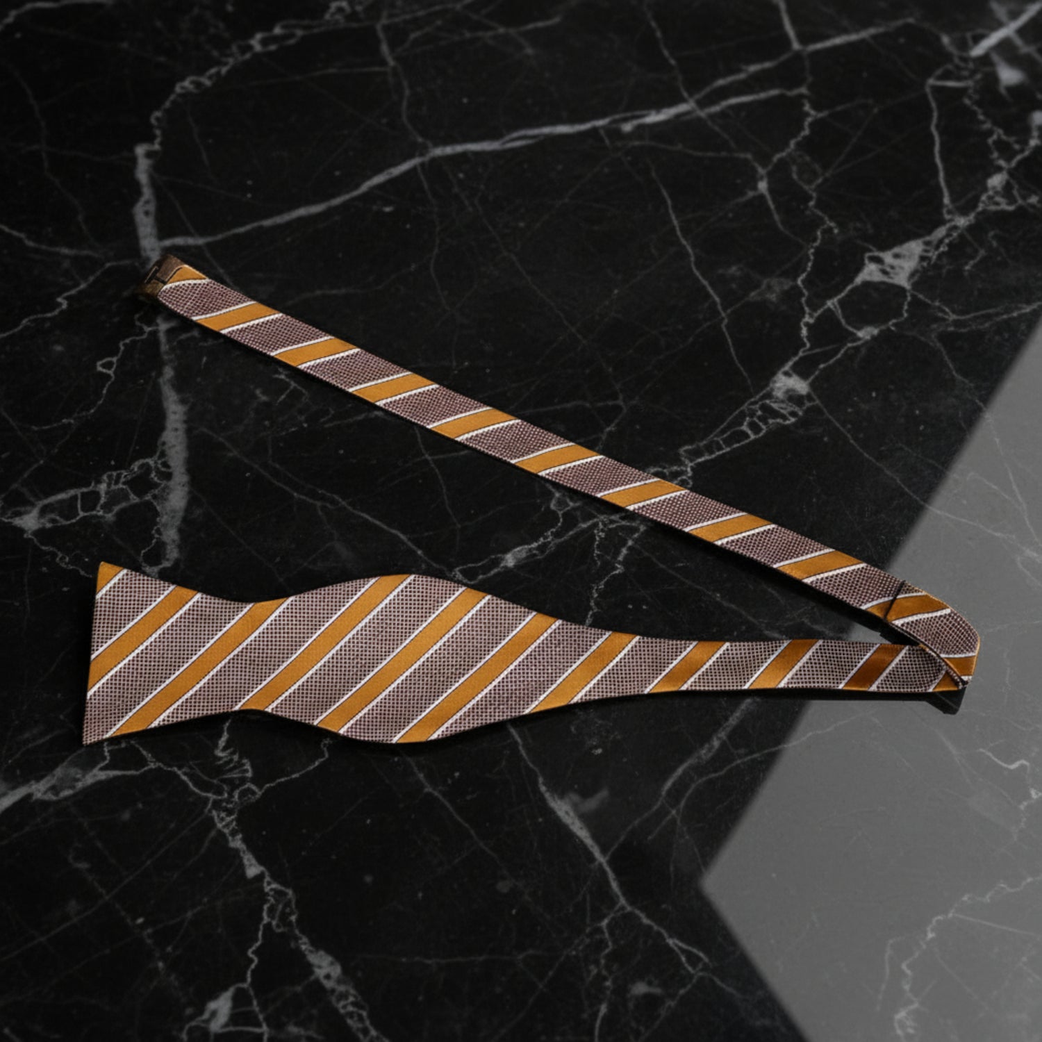 View 2: A Caramel, Brown, White Stripe Pattern Self Tie Bow Tie