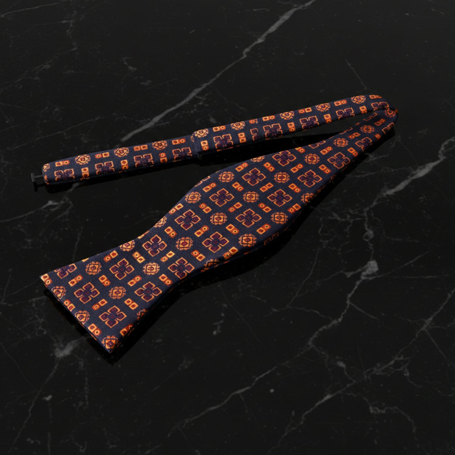 Self Tie: A Brown, Dark Blue Geometric Shapes Pattern Self Tie Bow Tie