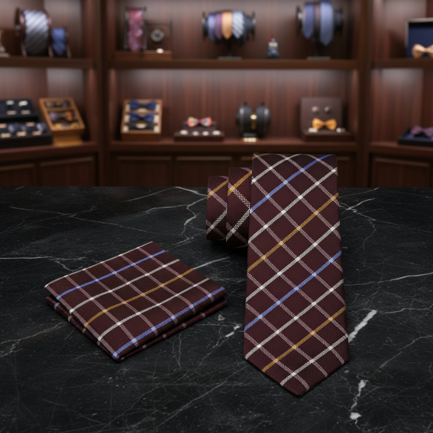 Alt View: A Mahogany, Brown, Cream With Geometric Diamond Pattern And Small Checks Pattern Necktie With Matching Pocket Square