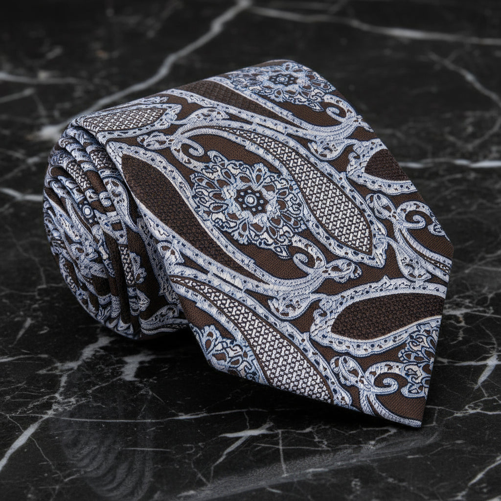 A Brown, Ice Blue, White Paisley Pattern  Necktie