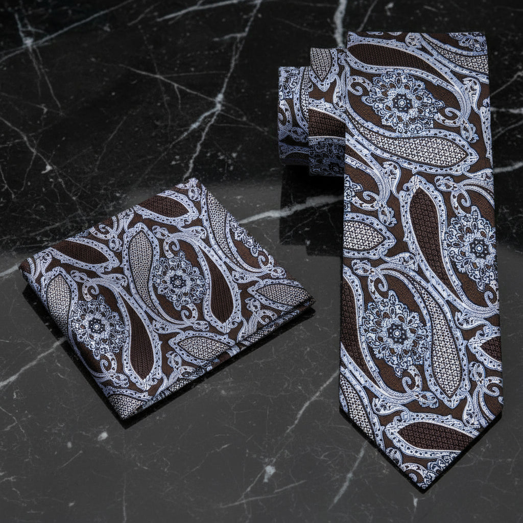 Alt View: A Brown, Ice Blue, White Paisley Pattern Necktie, With Matching Pocket Square
