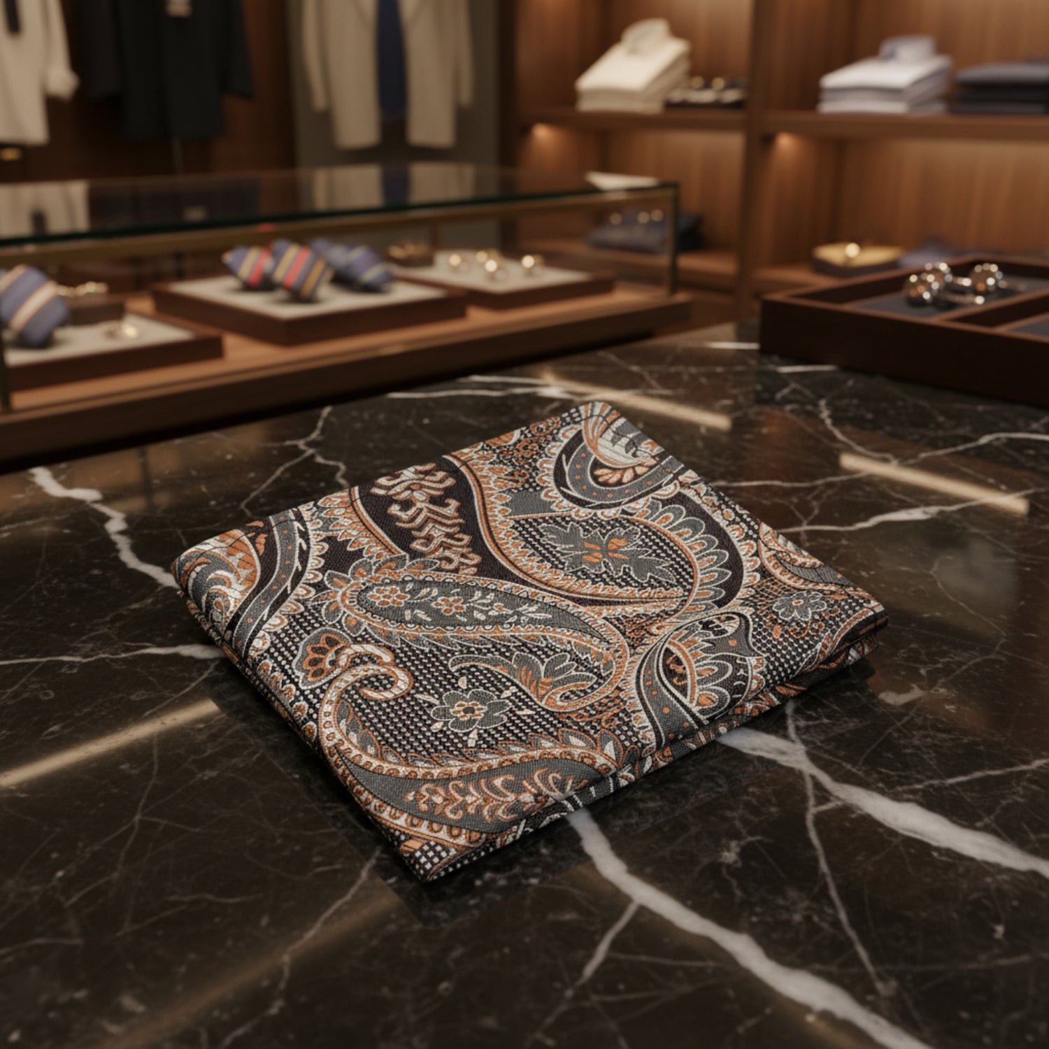 A Brown Paisley With Checks Pattern Pocket Square