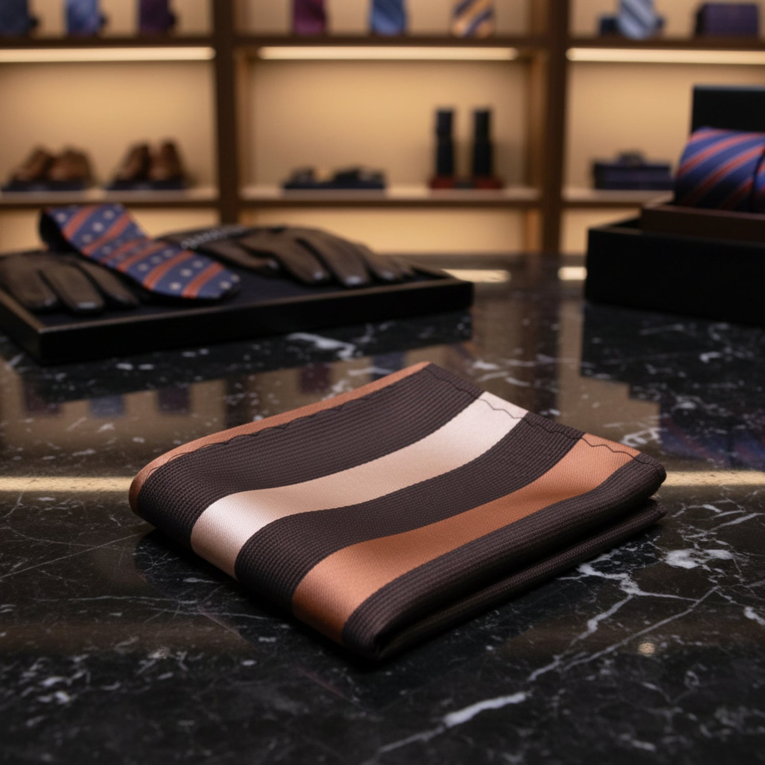 A Brown, Gold Stripe Pattern Pocket Square