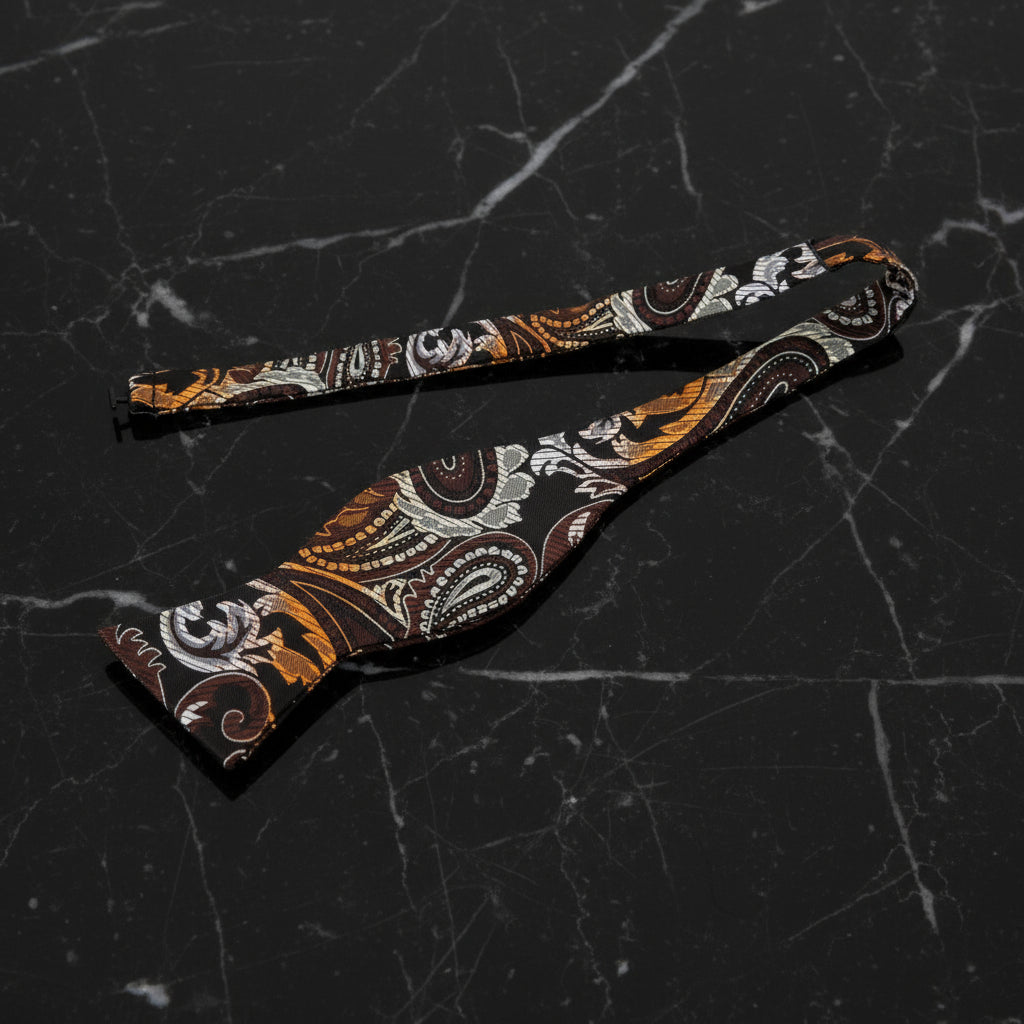 View 2: A Brown, Yellow Paisley Pattern Self Tie Bow Tie