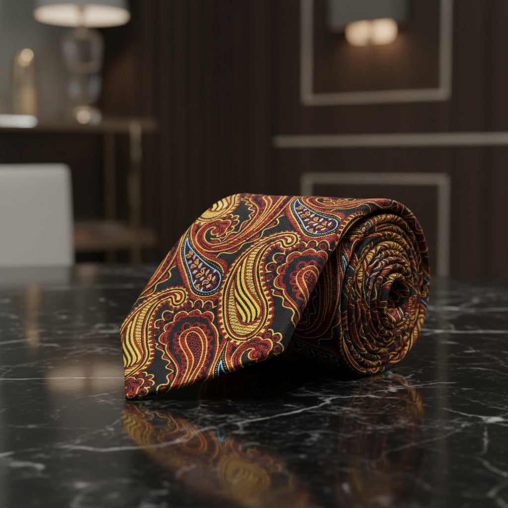 A Blue, Brown, Gold Paisley Pattern Necktie