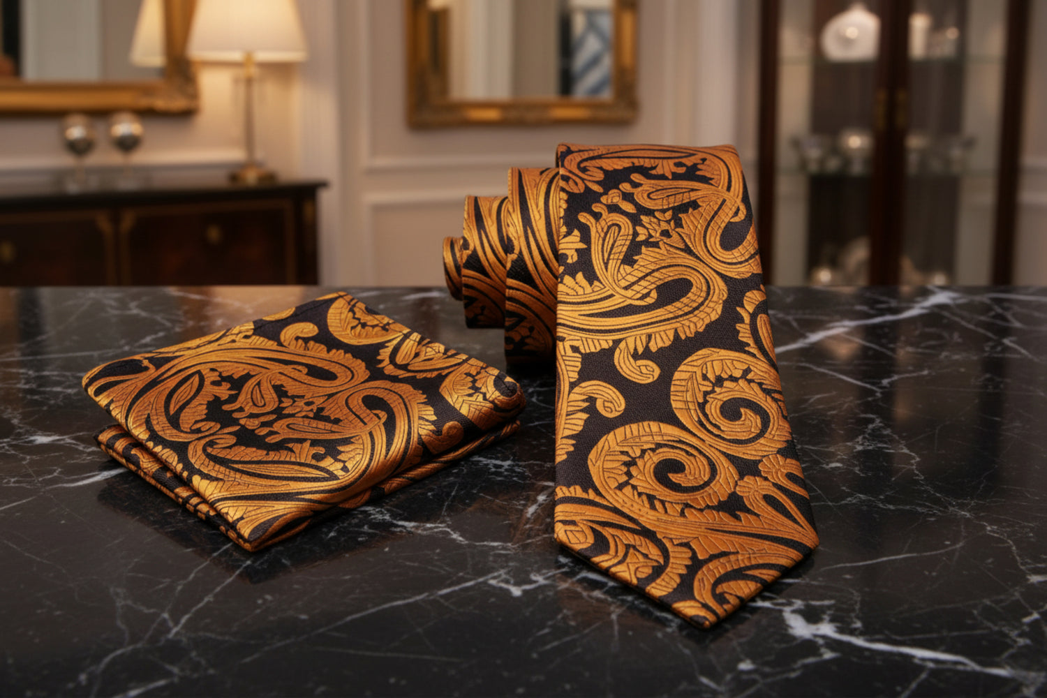 Alt View: Inca Gold, Rich Brown Paisley Tie and Pocket Square