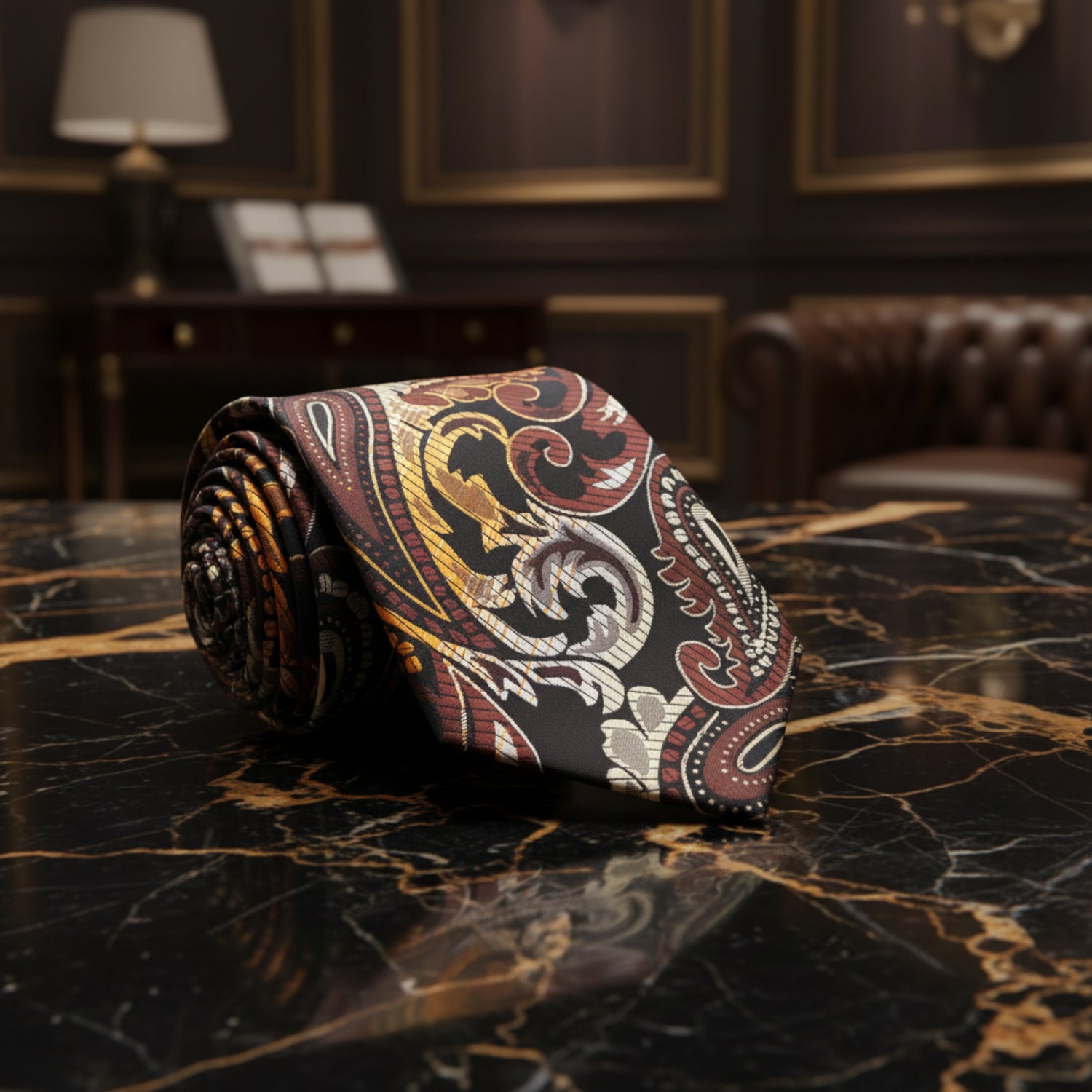 A Brown, Yellow Paisley Pattern Necktie 