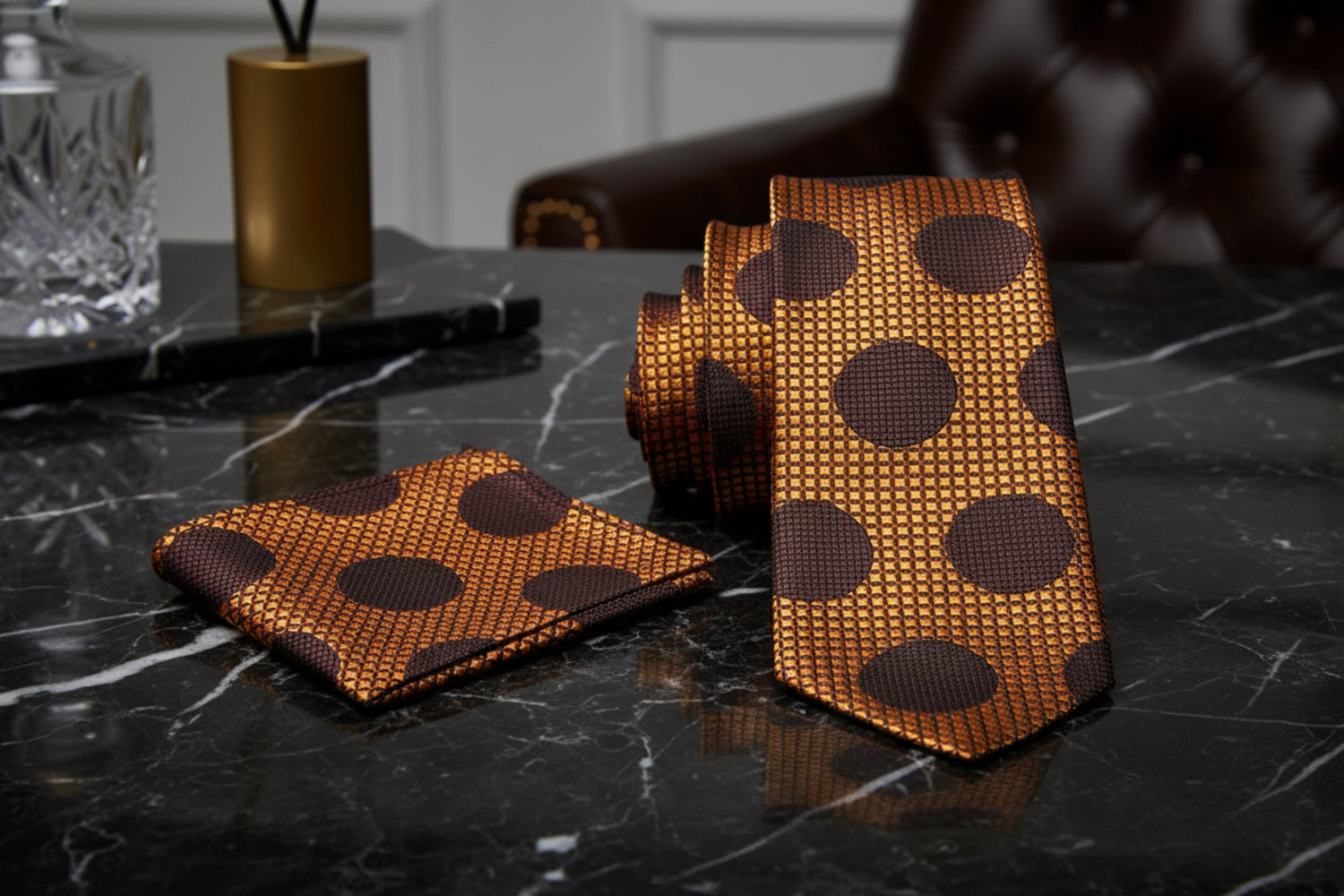 Alt View: A Copper, Brown Large Polka Dot Pattern Necktie With Matching Pocket Square