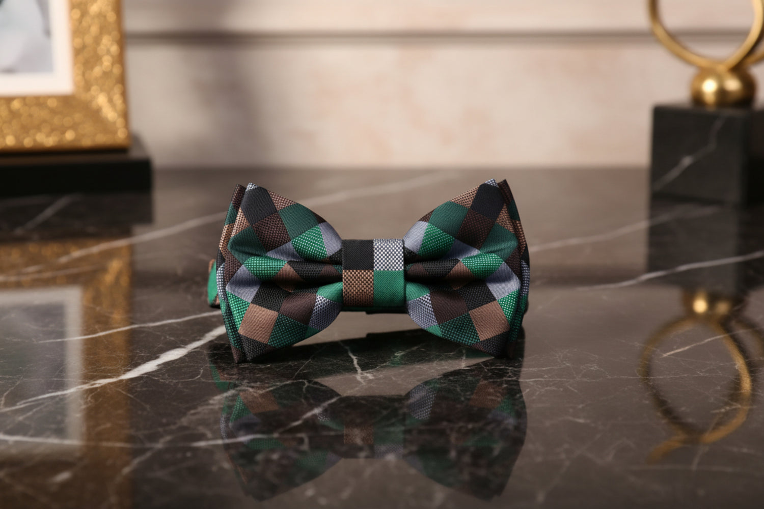 Green, Brown and Grey Check Bow Tie  