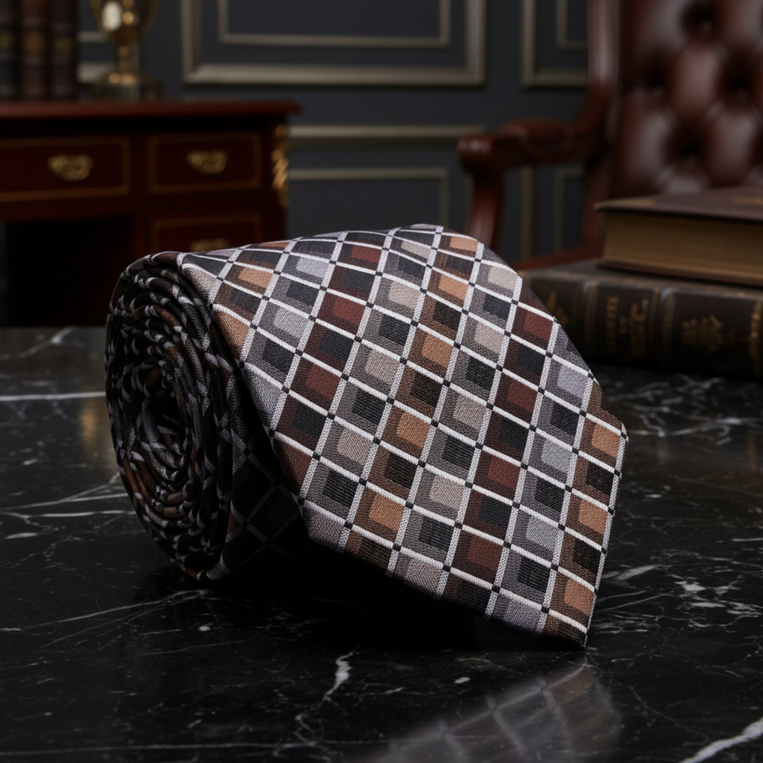 Grey, Brown Geometric Tie