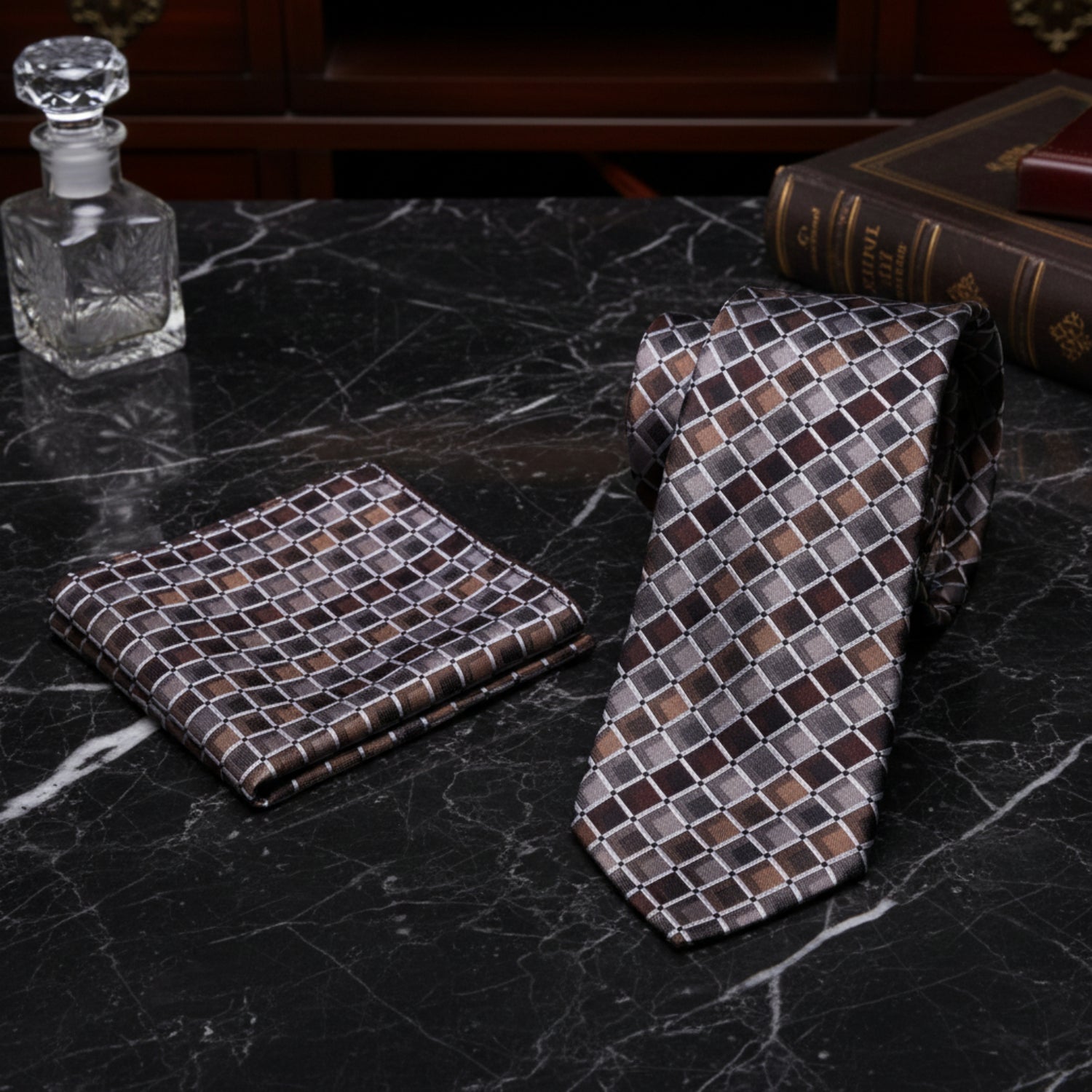 Alt View: Grey, Brown Geometric Tie and Pocket Square