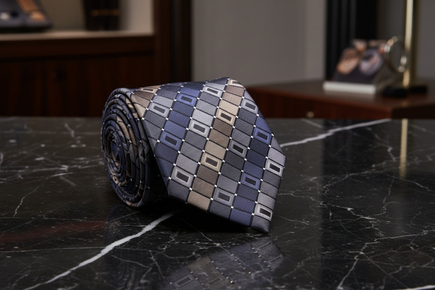 A Brown, Grey Geometric Pattern Necktie 