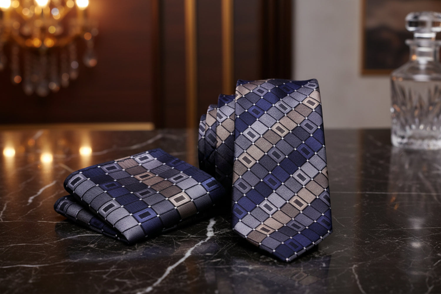 Alt View: A Brown, Grey Geometric Pattern Necktie, Matching Pocket Square