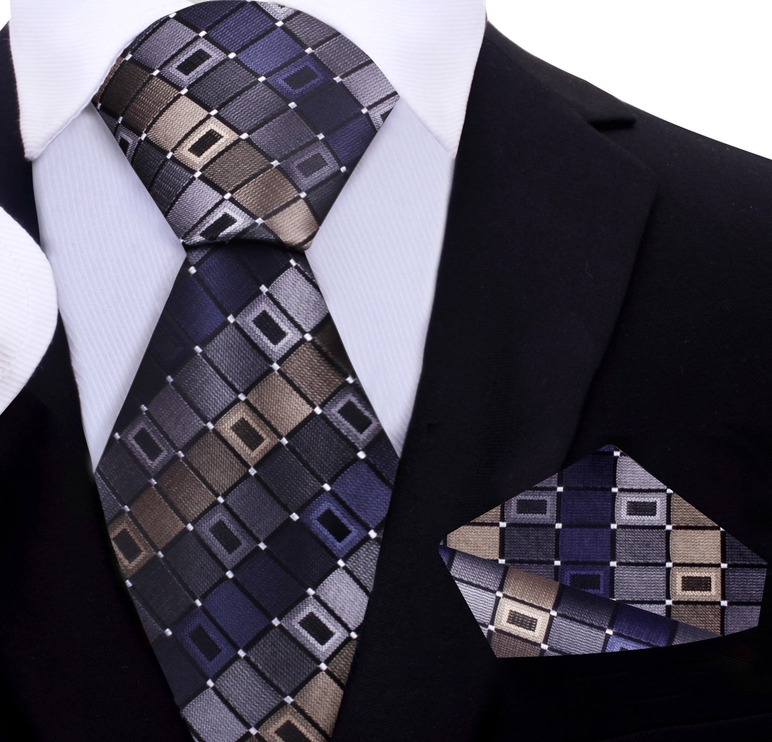 A Brown, Grey Geometric Pattern Necktie, Matching Pocket Square