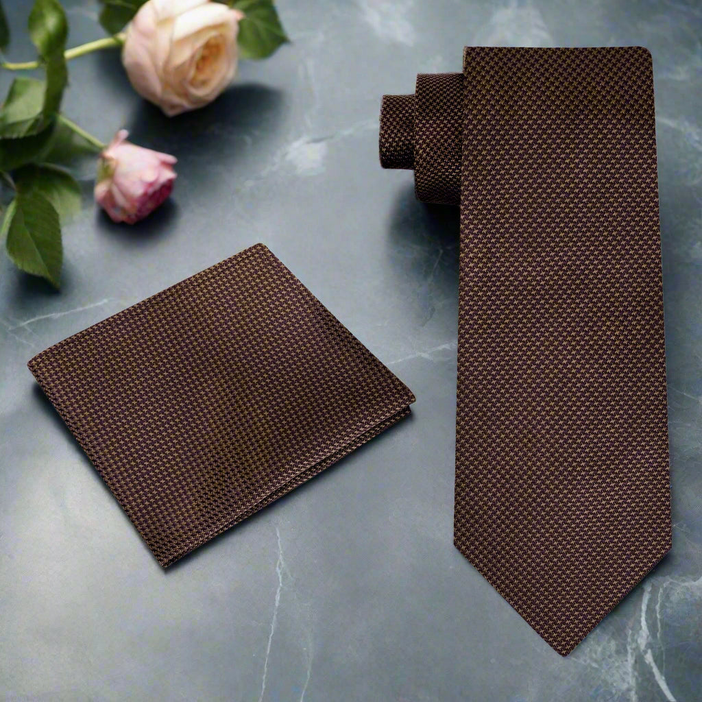 Alt View: A Brown Houndstooth Pattern  Necktie, Matching Pocket Square