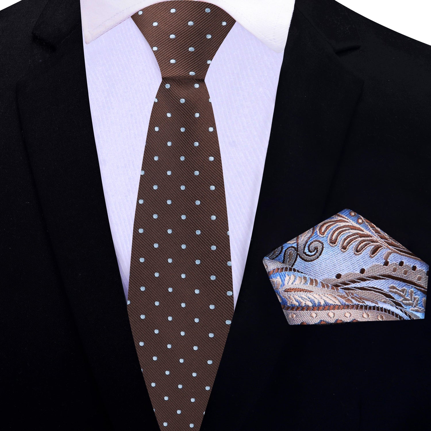 Thin Brown with blue dots necktie and paisley square