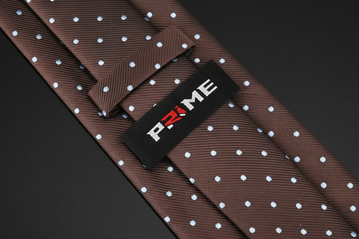brown with blue dots tie keep