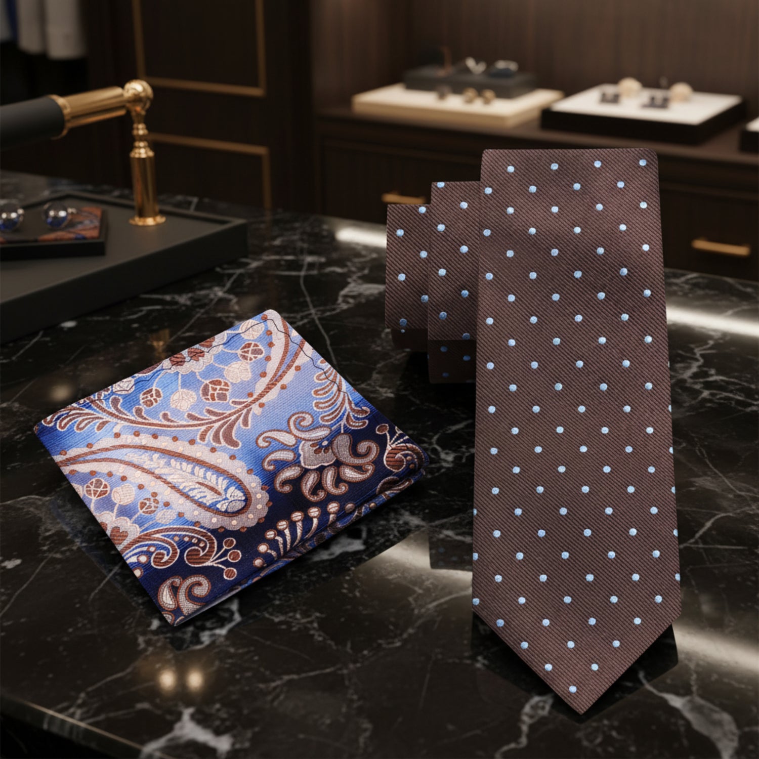 At View: Brown with blue dots necktie and paisley square