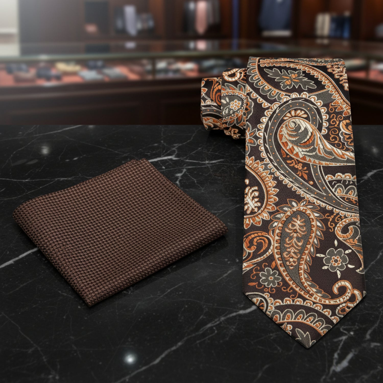 View 2: Shades of Brown Paisley Tie and Brown Houndstooth Pocket Square