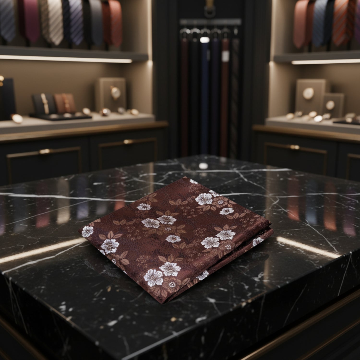 A Brown, White Detailed Flowers Pattern Pocket Square